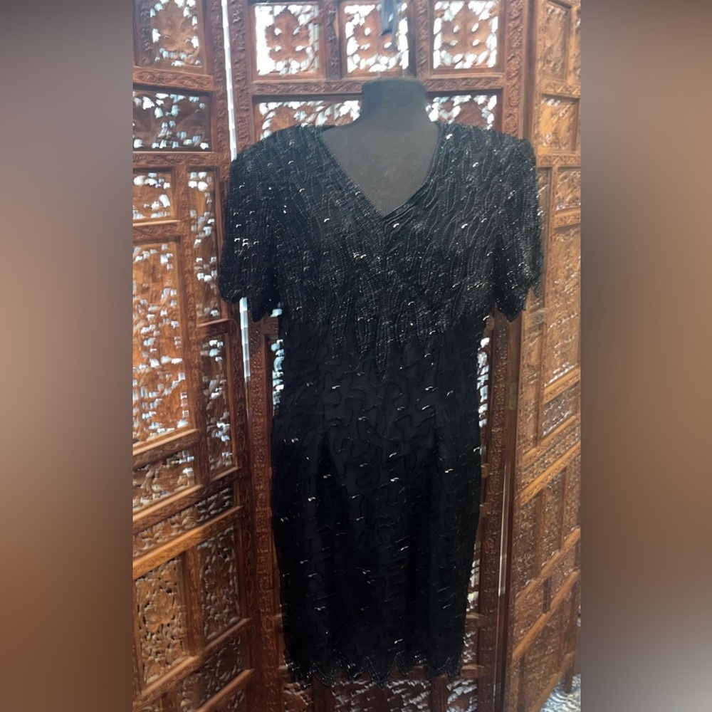 Vintage 90's Black Silk Beaded Sequined Cocktail Party Dress size 10 M L